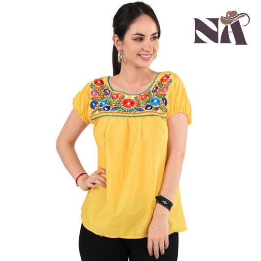 NA-TM-77112YellowBlusaPoblanaBordadaMujerMexicanEmbroideredBlouseNAWesternStyle