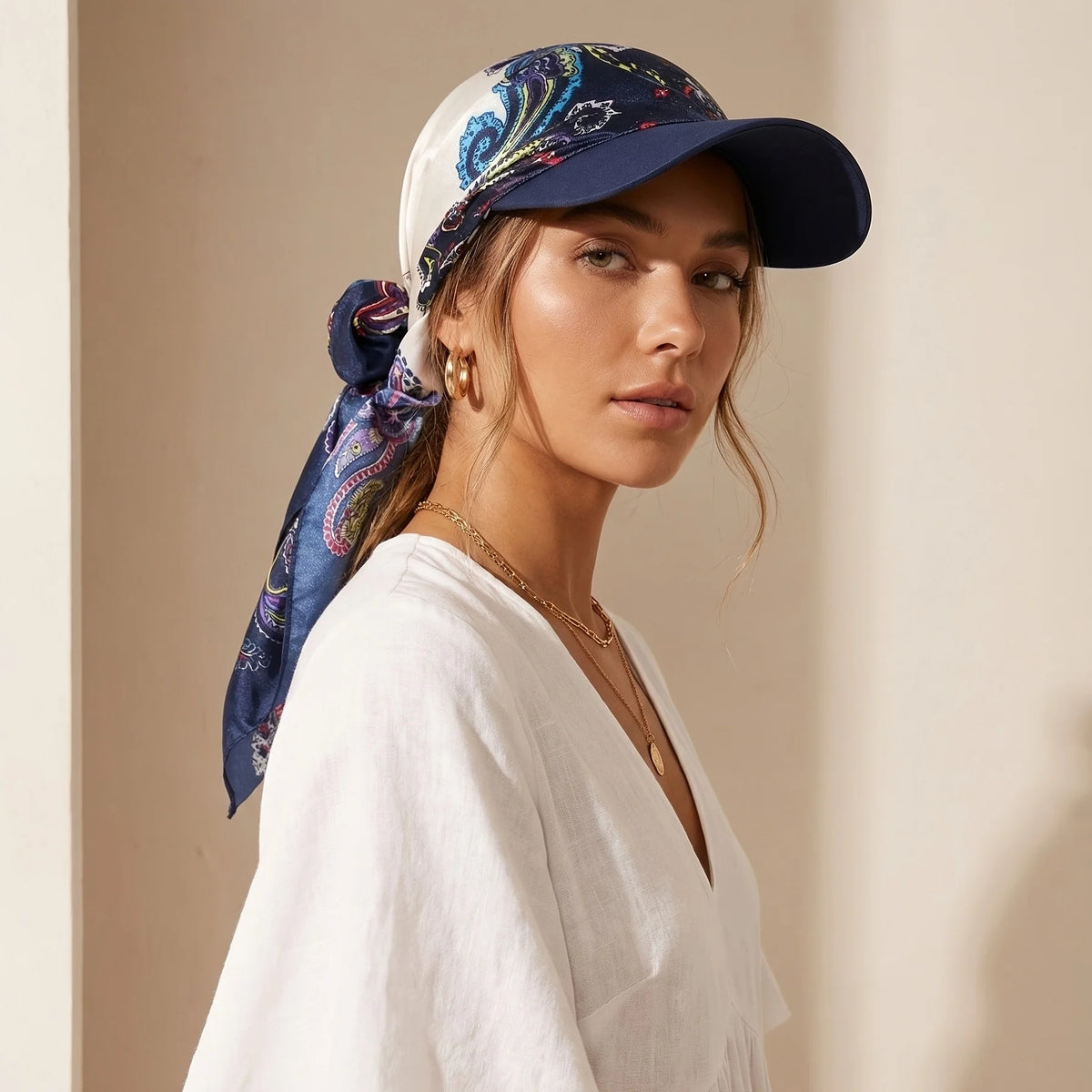 Women's Headscarf Sun Hat Self-Tie Brimmed Scarf Cap Beach Vacation Sun Protection Hat Chemotherapy Cap