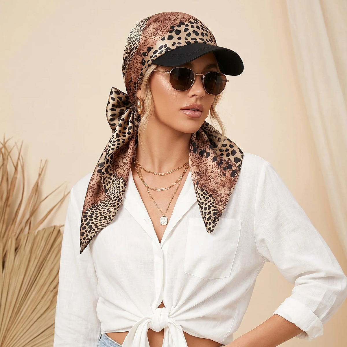Women's Headscarf Sun Hat Self-Tie Brimmed Scarf Cap Beach Vacation Sun Protection Hat Chemotherapy Cap